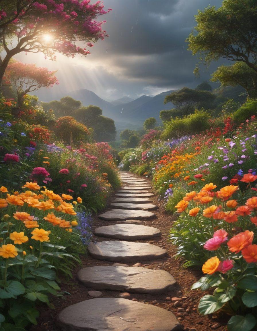 A serene landscape depicting a flourishing garden symbolizing resilience, with vibrant flowers blooming amidst gentle rain, a sun peeking through dark clouds above, and a winding path inviting exploration. Interspersed are uplifting quotes on resilience and joy, while a person in peaceful meditation enhances the scene. super-realistic. vibrant colors. peaceful atmosphere.