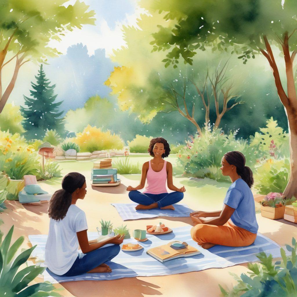 A serene scene depicting a diverse group of people practicing mindfulness together in a tranquil outdoor setting, surrounded by lush greenery and soft sunlight. Include elements of self-care, such as a cozy picnic area with wellness books, plants, and shared laughter. Illustrate the emotional connection between individuals with warm facial expressions. Emphasize a sense of calm and community. watercolor style. vibrant colors.