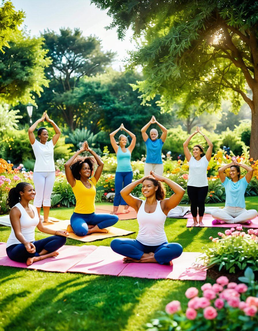 A lively scene depicting a diverse group of joyful people engaging in various activities like gardening, yoga, and laughter in a sunny community park. Surrounding them are colorful flowers and lush greenery, symbolizing mental wellness and support. Incorporate subtle elements like heart shapes and sunshine to evoke a sense of happiness and connection. Soft focus with a warm color palette to enhance the cheerful atmosphere. vibrant colors. super-realistic.